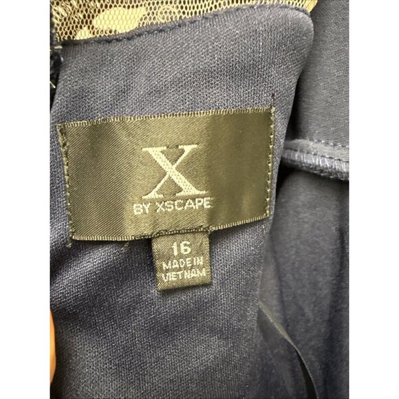 XSCAPE Size 16 Navy Metallic Lace Sleeve Chiffon Ruffled Cascade Gown Dress New - Picture 10 of 12